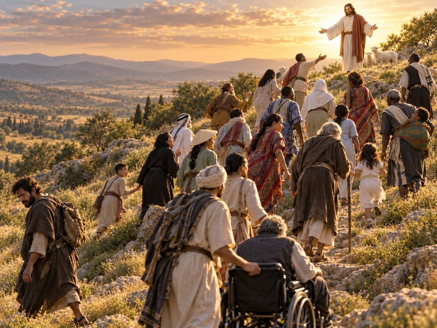 Jesus with open arms on a hilltop as people of every nation and age climb toward Him